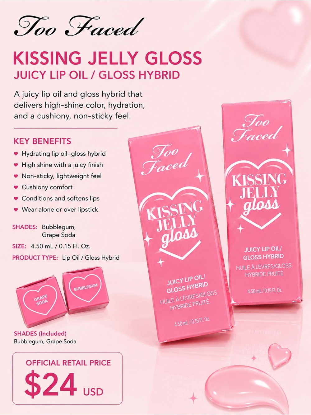 Too Faced KissToo Faced Kissing Jelly Gloss Lip Oil Hybrid Bubblegum /Grape Soda